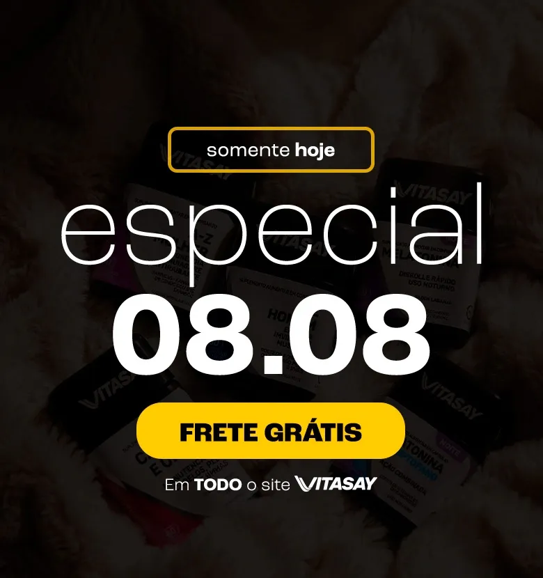 Banner promocional de Vitasay anunciando data dupla de agosto com frete é grátis.