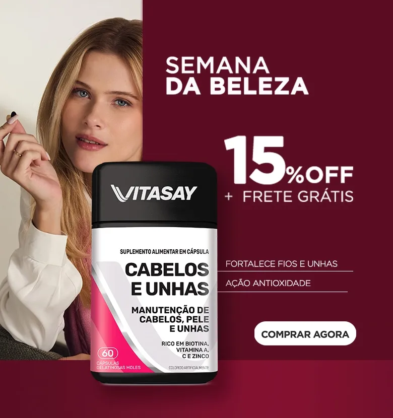 Banner da Vitasay mostrando o desconto de 15%Off no Vitasay Cabelos e Unhas