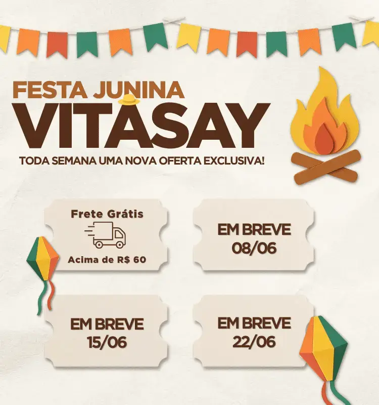 Banner promocional da Festa Junina Vitasay com frete grátis em compras acima de R$ 60 e ofertas exclusivas toda semana.