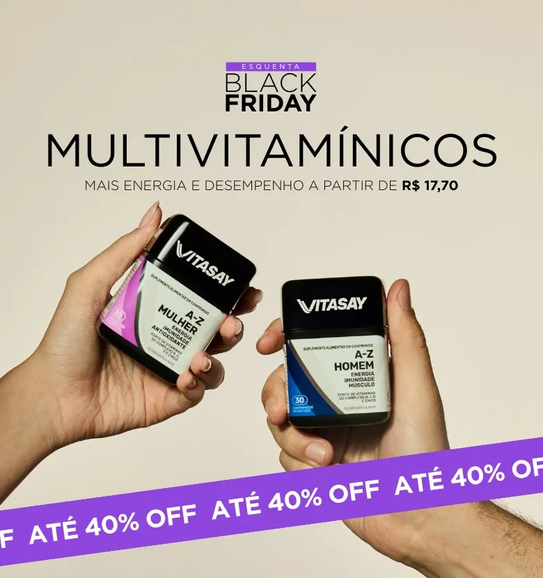 Banner Vitasay com suplementos A-Z Homem e A-Z Mulher e chamada de Esquenta Black Friday