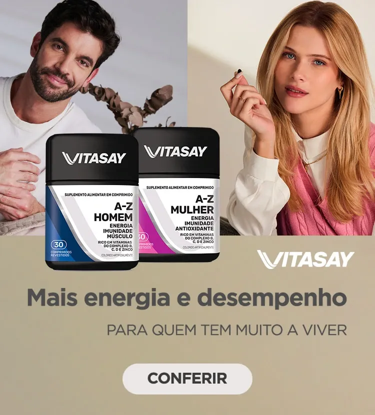 Banner Vitasay com suplementos A-Z Homem e A-Z Mulher. Ao lado dos frascos, um homem e uma mulher ilustram a mensagem de mais energia e desempenho..
