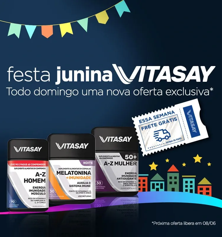 Banner promocional da Festa Junina Vitasay com frete grátis em compras acima de R$ 60 e ofertas exclusivas toda semana.