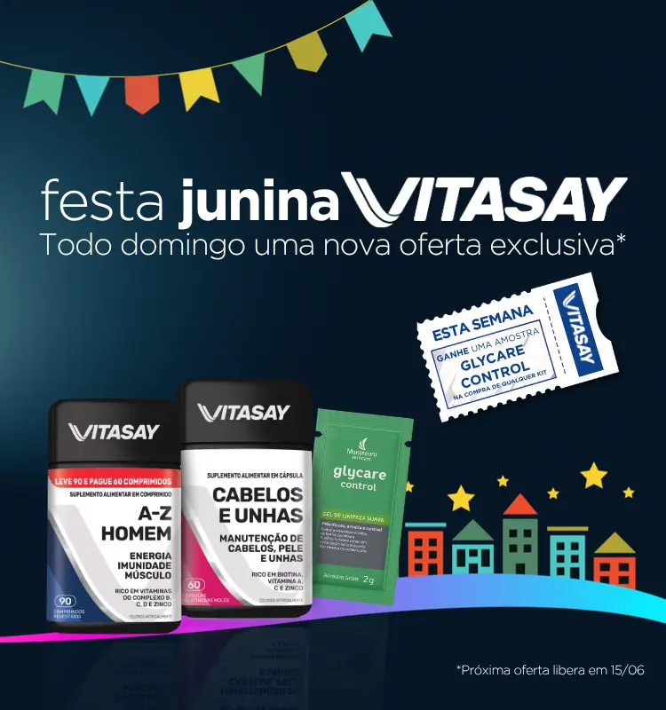 Banner da Festa Junina Vitasay com oferta semanal e amostra grátis na compra de qualquer kit da marca