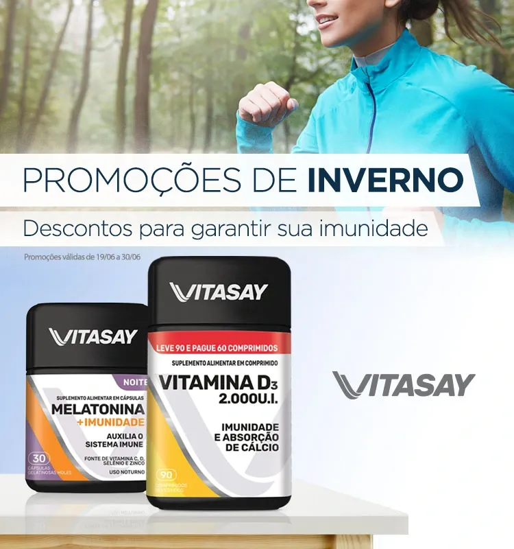 Promoções de inverno Vitasay com descontos em suplementos para fortalecer a imunidade entre 19/06 e 30/06