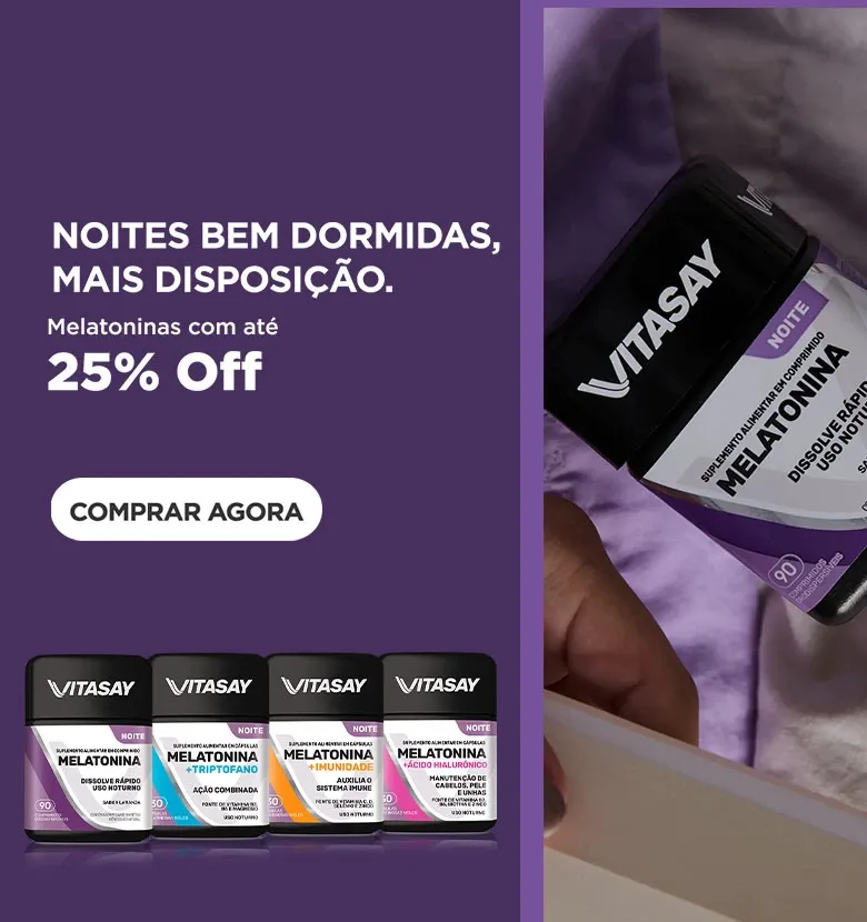 Banner Vitasay destacando suplementos de melatonina com até 25% de desconto. Mostra frascos nas versões tradicional, com triptofano, imunidade e ácido hialurônico.