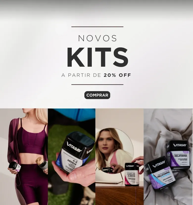 Kits Vitasay com até 20% off em suplementos como A-Z Homem, Cabelos e Unhas, Melatonina e mais opções