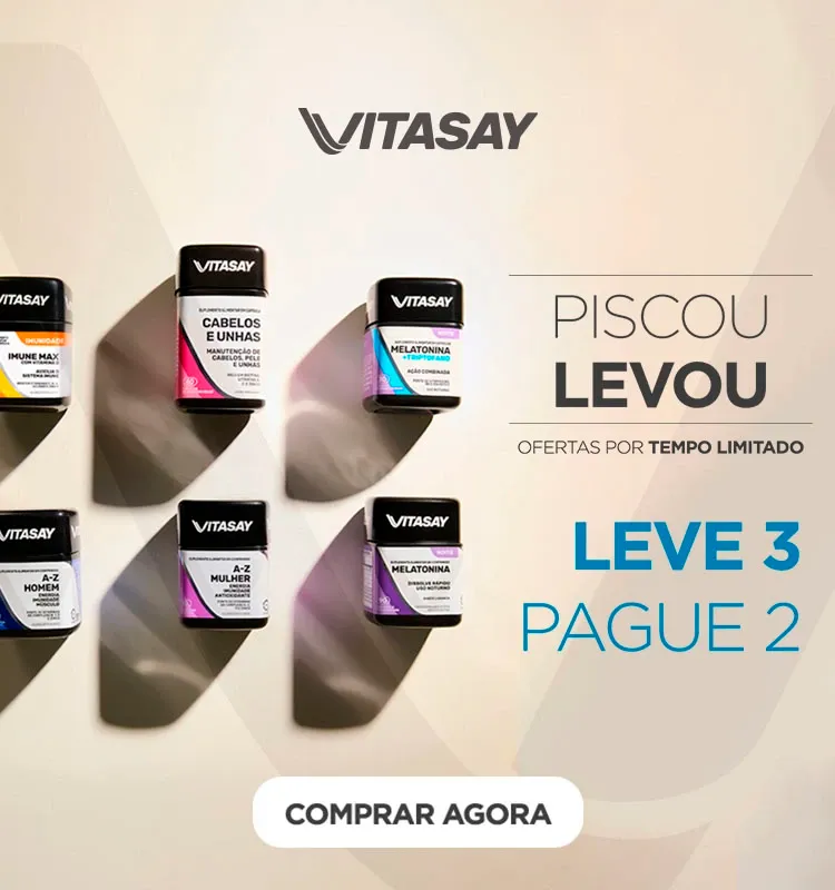 Banner promocional da Vitasay com fundo bege e texto em destaque: 'Piscou Levou – Leve 3 pague 2'