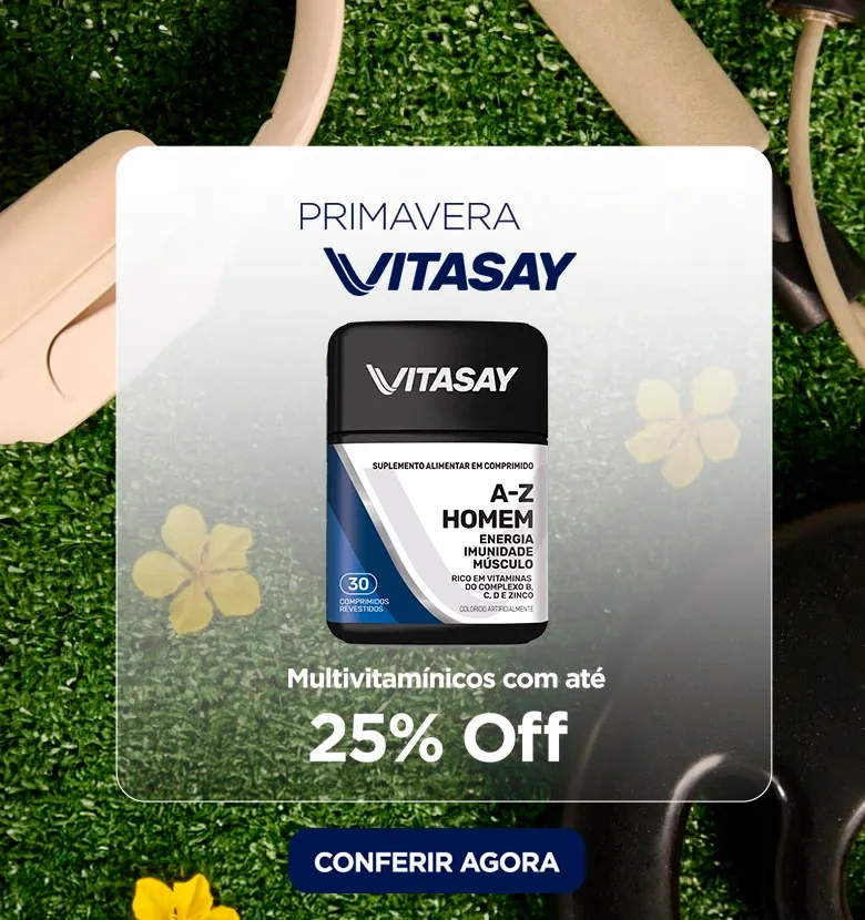 Promocao de primavera com os multivitamínicos com descontos de até 25%Off. Na imagem temos o suplemento az homem