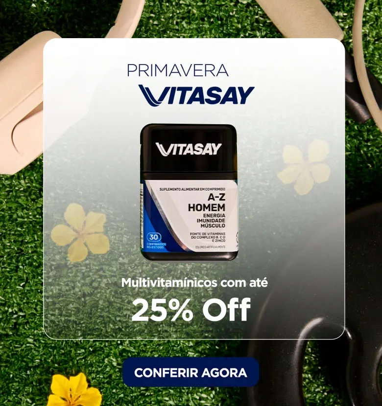 Promocao de primavera com os multivitamínicos com descontos de até 25%Off. Na imagem temos o suplemento az homem