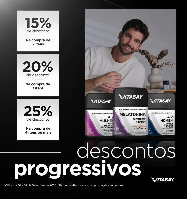 Banner promocional Vitasay Promoção Progressiva. Ganhe 15% de desconto na compra de 2 itens, 20% na compra de 3 itens e 25% de desconto na compra de 4 ou mais itens. Na imagem tem a imagem de alguns SKUs da marca