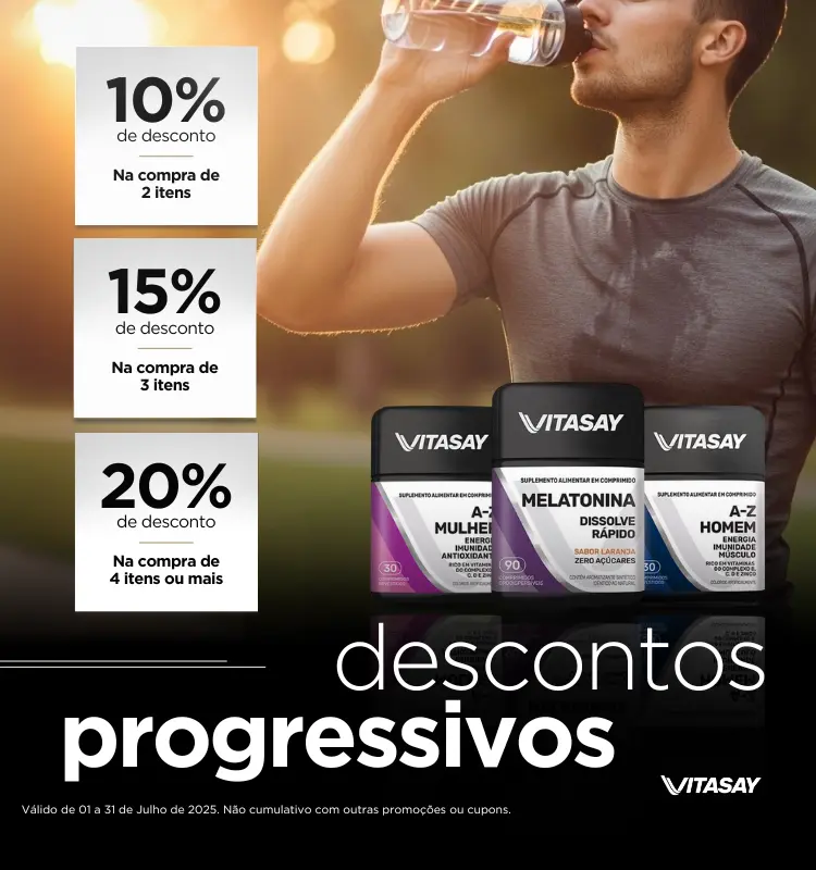 Vitasay com descontos progressivos de até 20% na compra de múltiplos itens durante todo o mês de julho