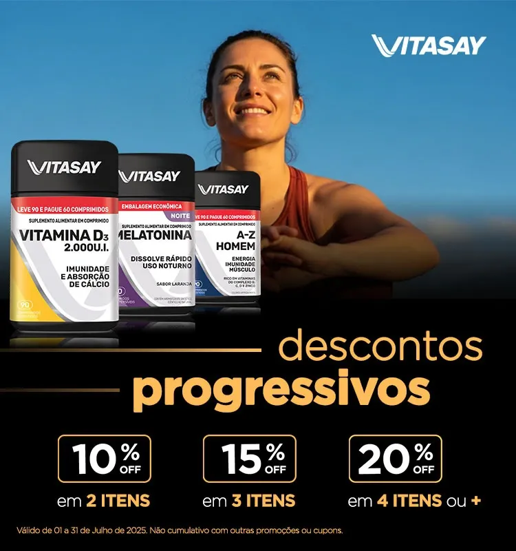 Vitasay com descontos progressivos de até 20% na compra de múltiplos itens durante todo o mês de julho