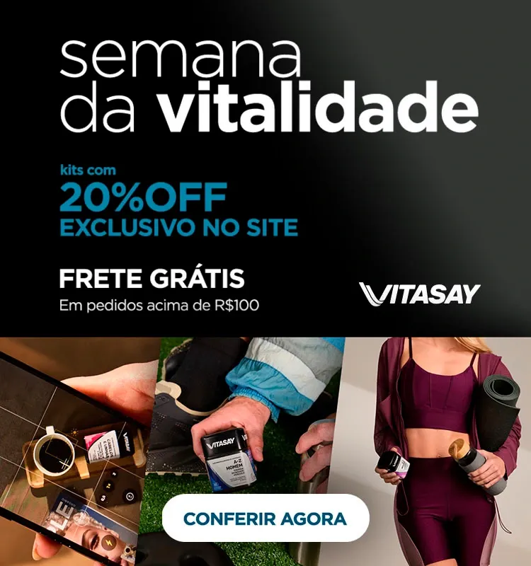 Banner Vitasay Semana da Vitalidade: 20% off em kits no site e frete grátis acima de R$100, com imagens de produtos e pessoas em contexto esportivo