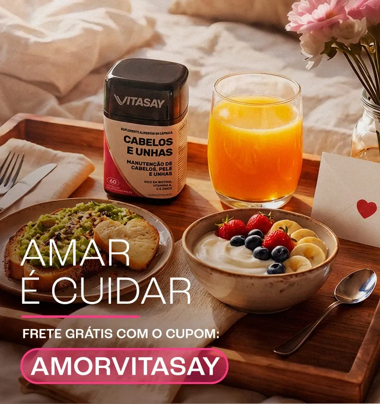 Banner promocional de Vitasay Amar é Cuidar com Frete Grátis e Cabelos e Unhas com 10% OFF. loading=
