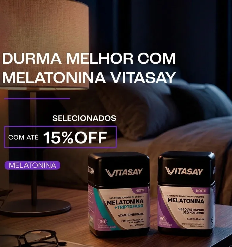 Banner promocional destacando as Melatoninas com até 15% de desconto.