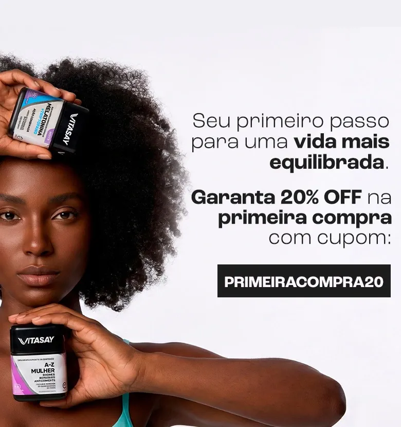 Banner de primeira compra no site com cupom de 20% OFF.