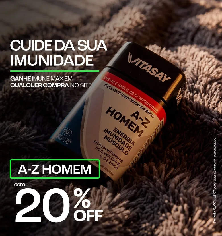 Banner promocional de Vitasay anunciando descontos de 20% no A-Z Homem 90cp.