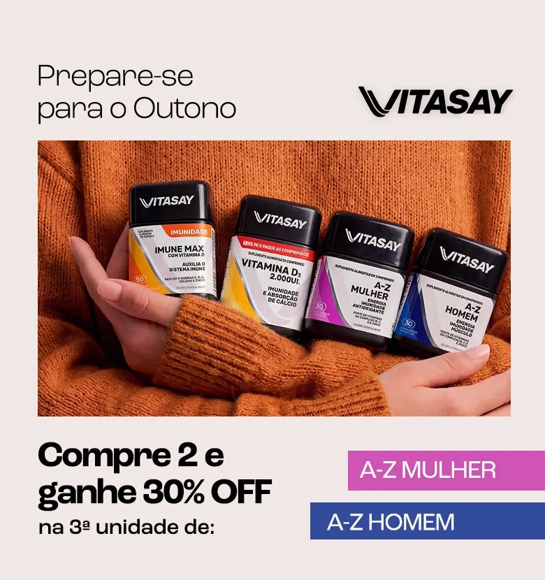 Banner descritivo da promoção de Outono, onde você compra dois produtos e leva o terceiro com 30% OFF