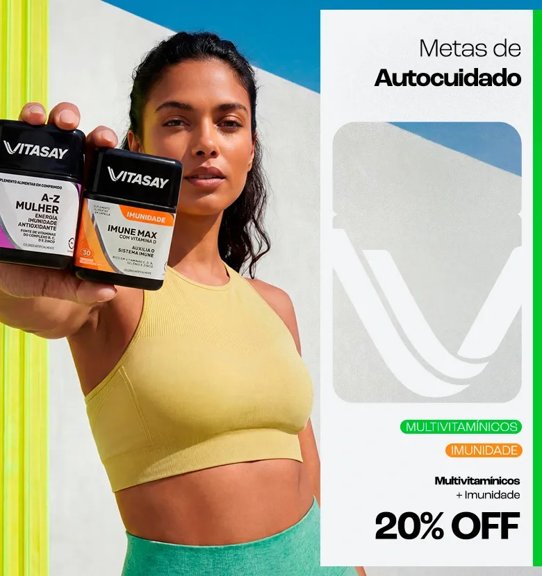 Banner promocional da Vitasay com o texto Metas de autocuidado e selos de Imunidade e multivitamínicos, destacando 20% OFF