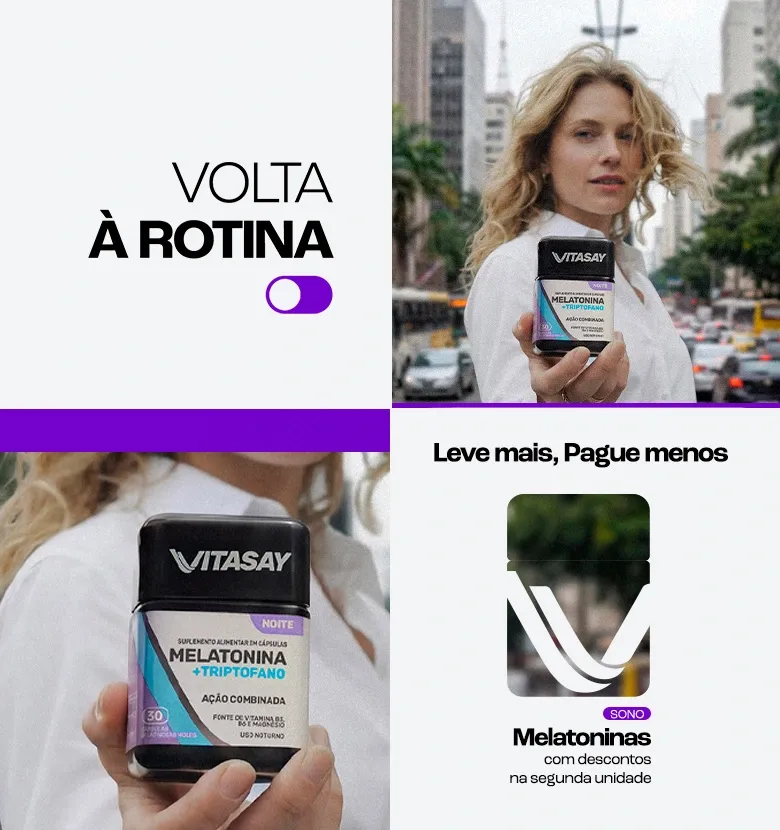 Banner promocional da Vitasay com o texto volta à rotina, promoção referente a compra da segunda unidade de melatonina
