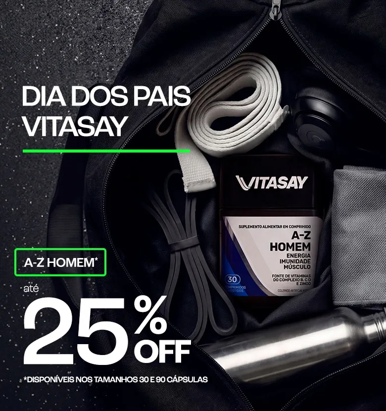 Banner promocional de Dia dos Pais, anunciando A-Z Homem 30cp. e 90cp. com até 25% de desconto.