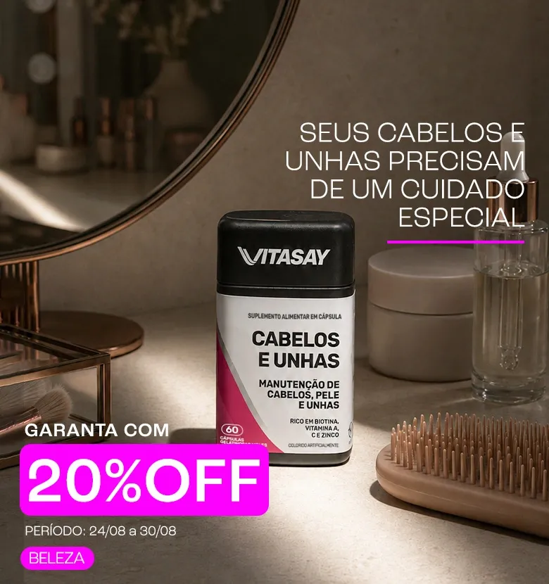 Banner promocional de Vitasay anunciando 20% OFF no Cabelos e Unhas, por tempo limitado.