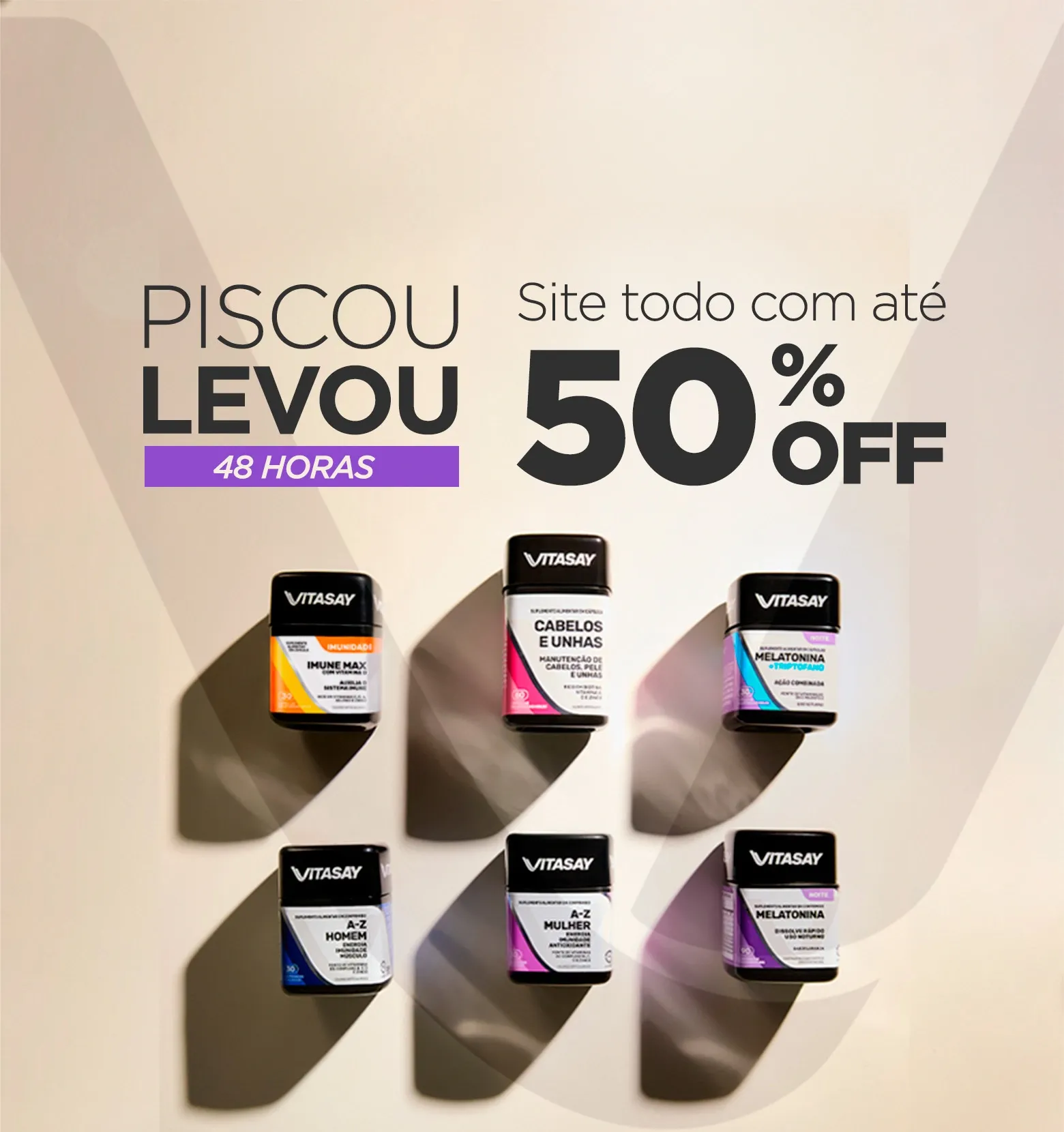 Banner promocional de Vitasay sobre o Piscou Levou com até 50% OFF no site todo.