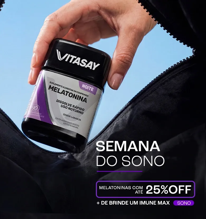 Banner promocional de Vitasay anunciando descontos de até 25% em melatoninas e 30% de desconto na segunda unidade.