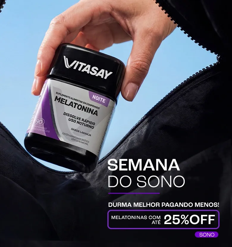 Banner promocional de Vitasay anunciando descontos de até 25% em melatoninas e 30% de desconto na segunda unidade.