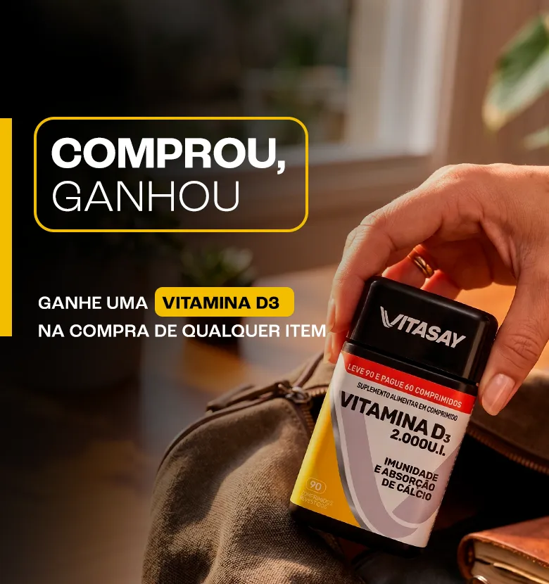 Banner promocional anunciando que em compras no site, sem valor mínimo, você ganha de brinde 1 Vitamina D3.