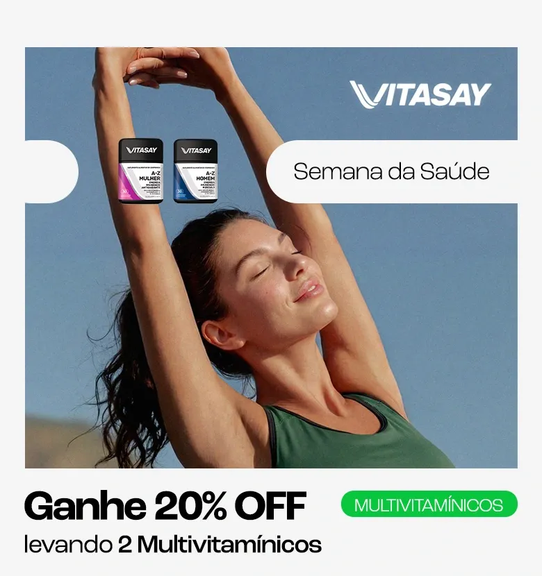 Banner promocional da Semana da Saúde, com descontos progressivos em multivitamínicos