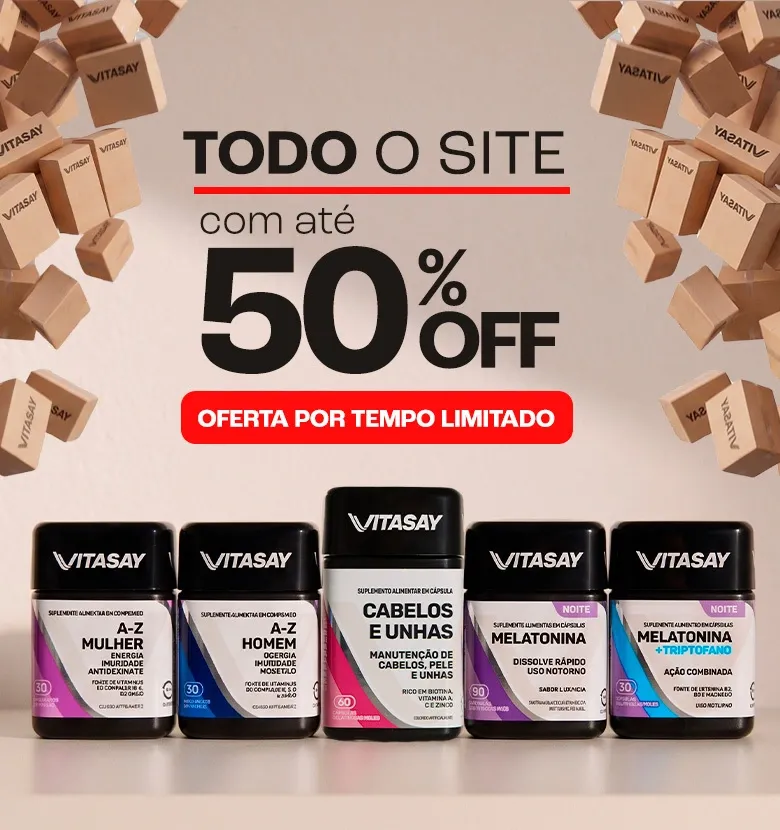 Banner promocional de Vitasay anunciando que todo o site está com até 50% de desconto, por tempo limitado.