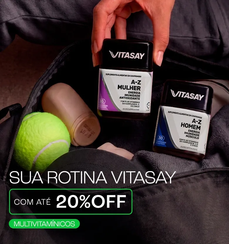 Banner promocional de Vitasay anunciando até 20% OFF em multivitamínicos, por tempo limitado.